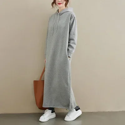 Autumn Winter New Dress Women Fashion Long Sleeve Loose Hooded Pullover Dress Women Cotton Clothes