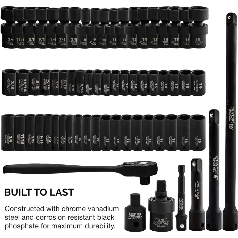 Impact Socket Set, 3/8” Drive, 67 Piece, Metric and Standard Master Socket Set with Shallow & Deep Sockets,