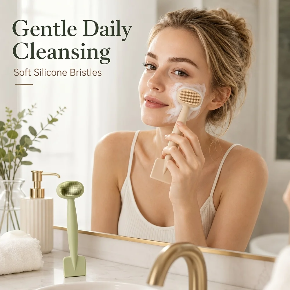 2Pcs Dual-Head Silicone Face Mask Brush Set, TPR Soft Bristle Facial Cleansing Massager, Mask Spatula, Reusable Random Color