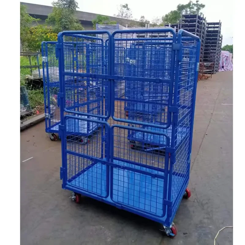 Heavy Duty Portable Laundry Roller Container Galvanized Steel Foldable Cart with Four Wheels and Four Side Folding Frame