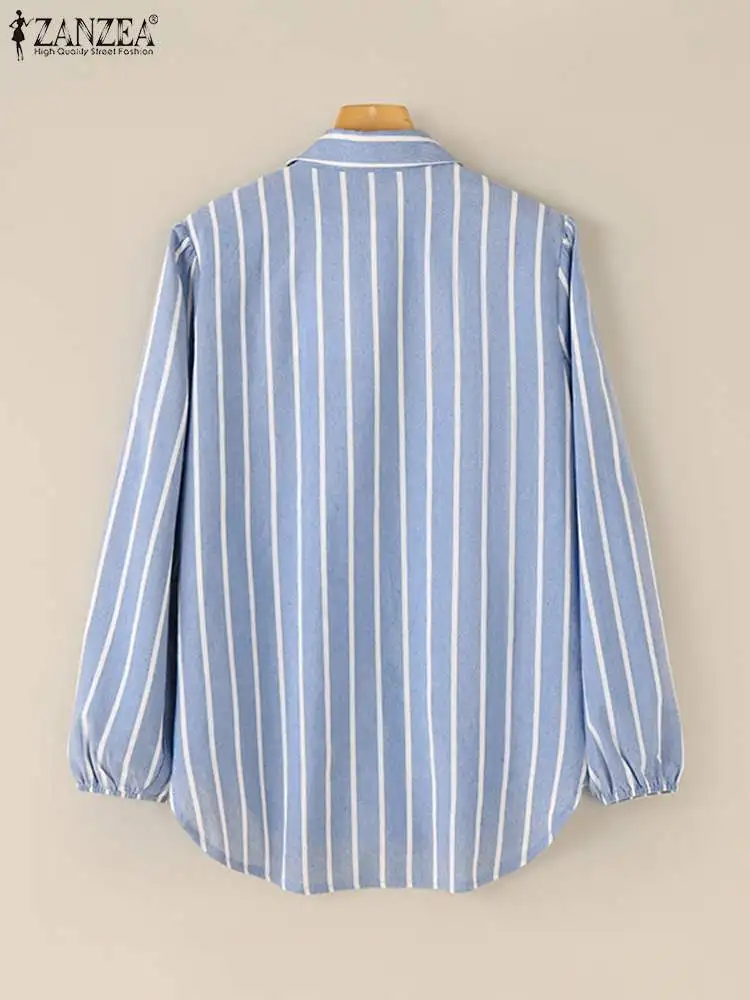 ZANZEA-Blusa de manga larga con cuello de solapa para Mujer, camisa de trabajo, Estilo Vintage musulmán, a rayas, informal, para otoño