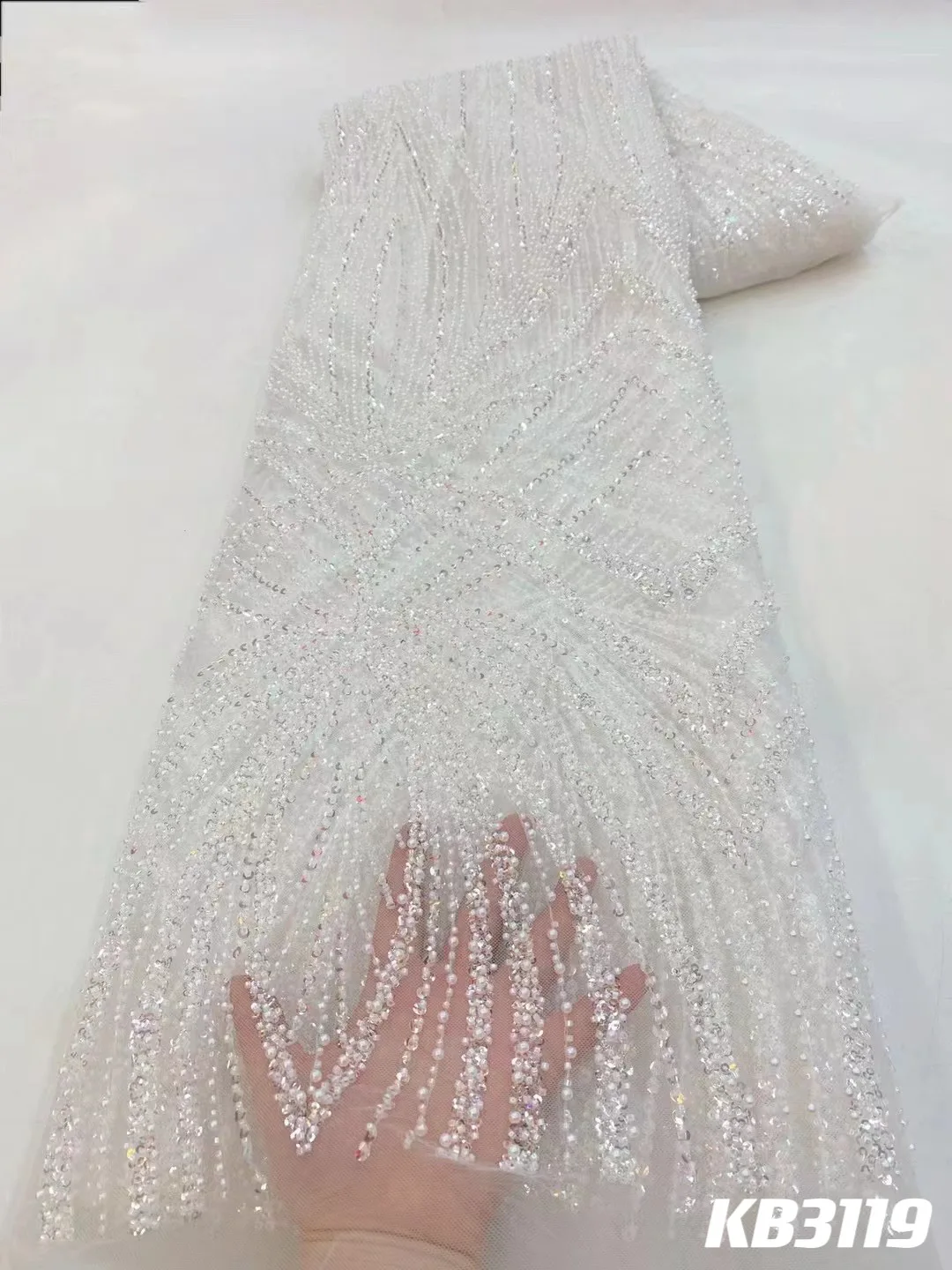 Latest White African Beaded Lace Fabrics 2024 Luxury Sequins French Mesh Tulle Beads Lace Fabrics For Wedding Party Dress KB3119