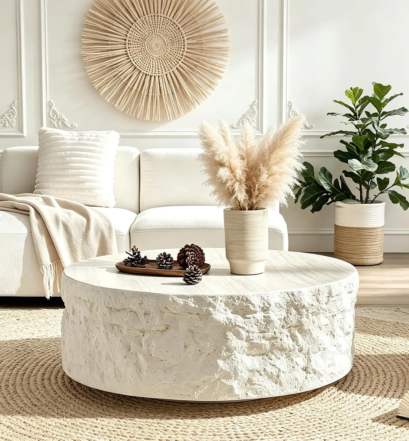 Round Stone Coffee Table Modern Drum Living Room Furniture 35.5