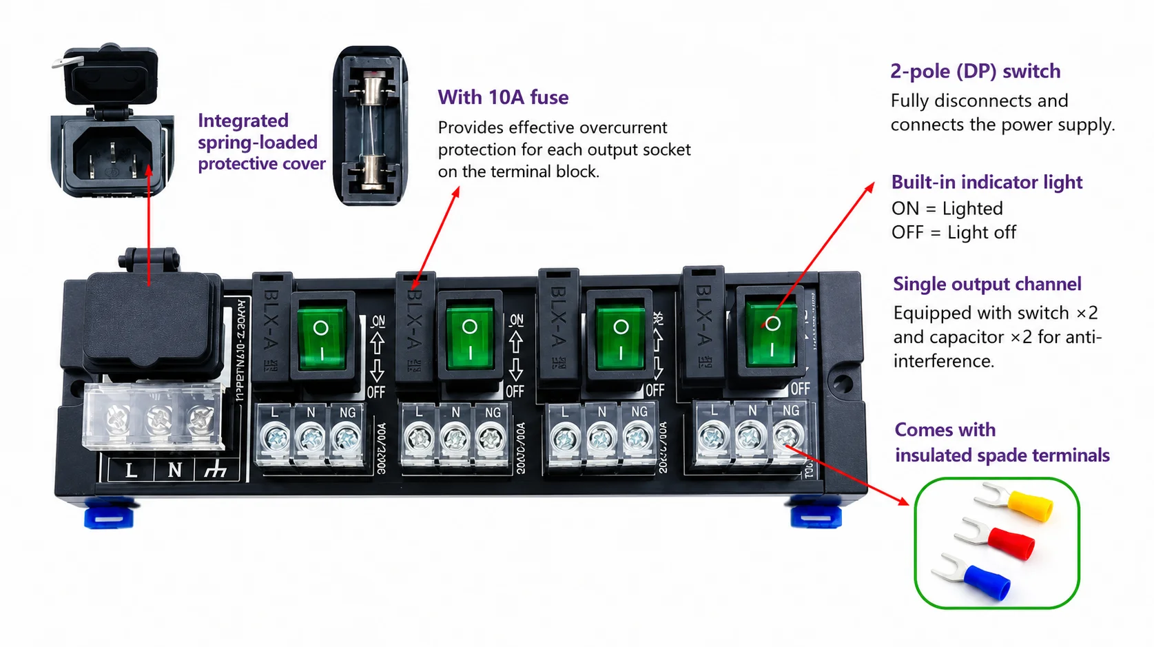 2/4/6/8-Channel AC Power Distribution Terminal Block, Each Channel with Independent Switch and Fuse, DIN Rail Mount, 10A