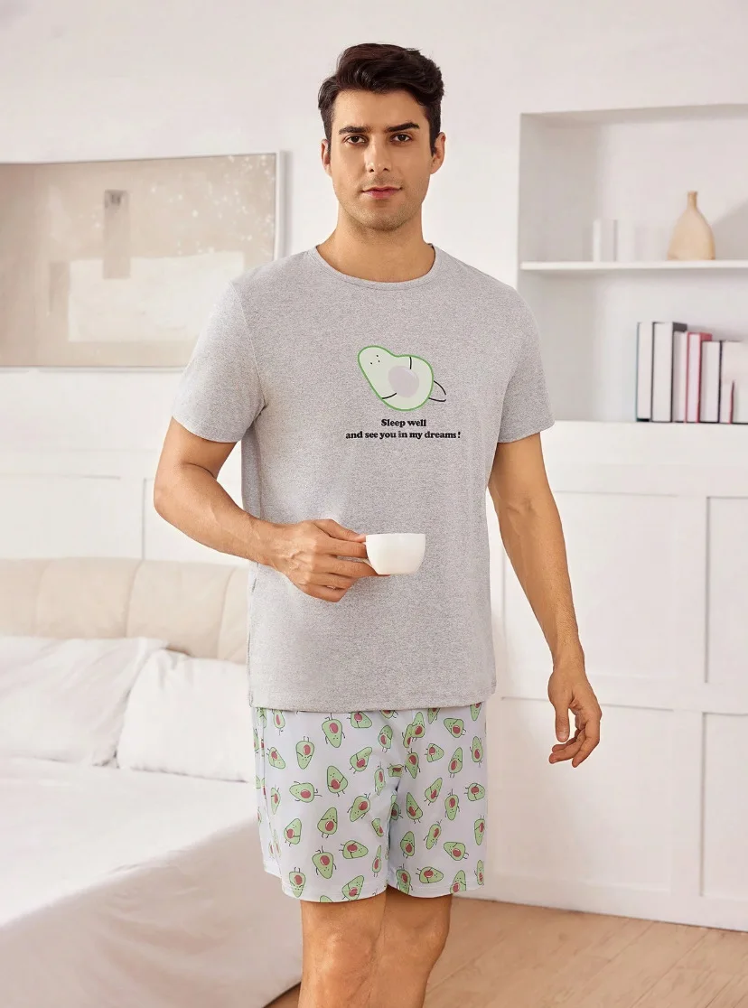 

Men's sleepwear, long sleeved pants, two-piece set, round neck, minimalist home decor