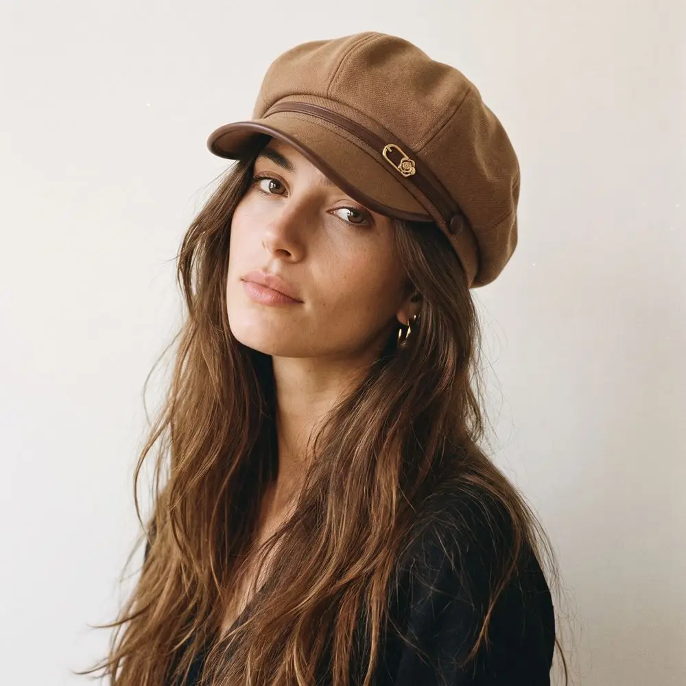 Casual British Style Pu Leather Beret Brown Belt Buckle Suede Octagonal Hat Retro Korean Style Artist Hat Outdoor