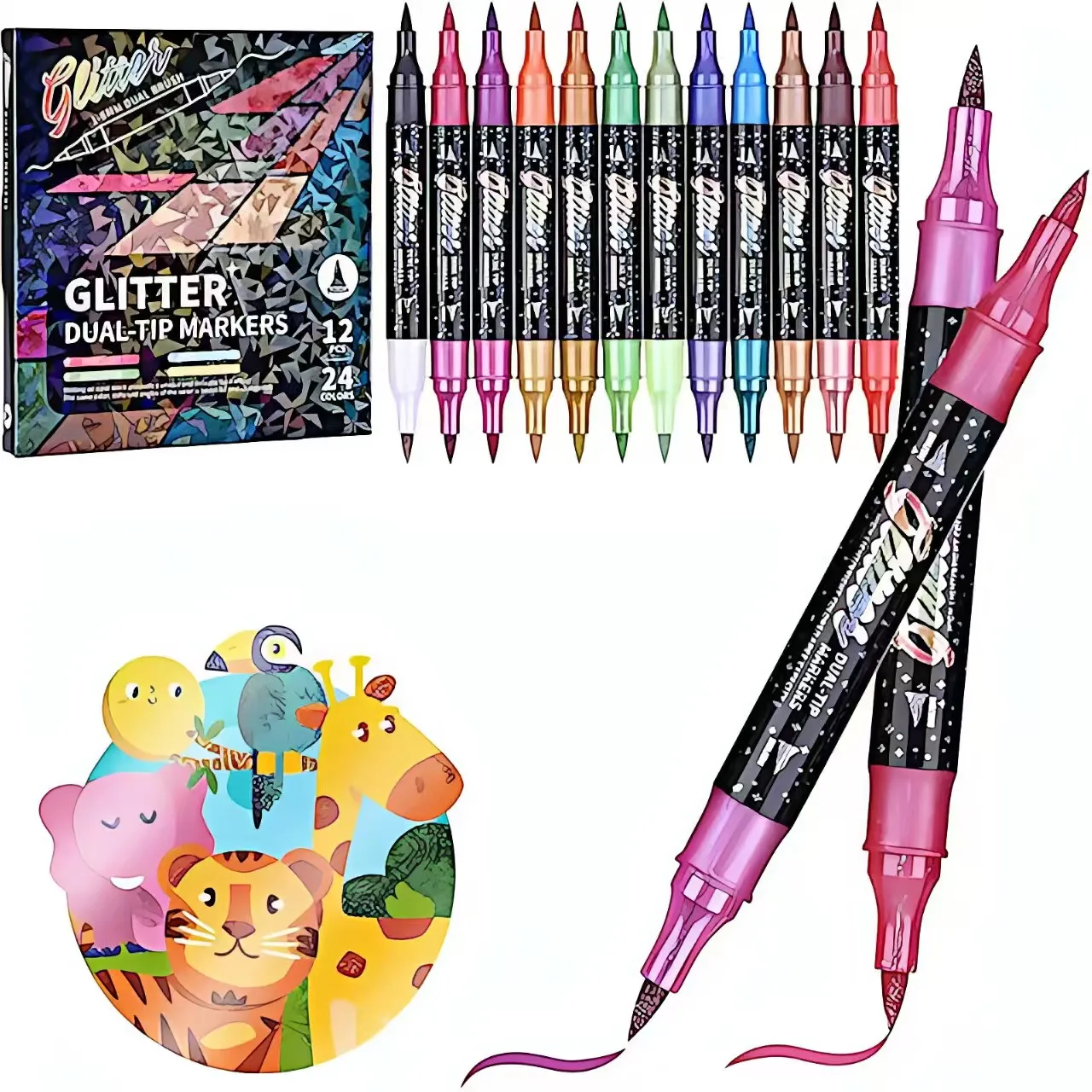 

48 Colors Glitter Markers Pens Dual Tip 24 Pack Glitter Brush Markers Professional Glitter Paint Pens Set Sparkle Pen for Colori