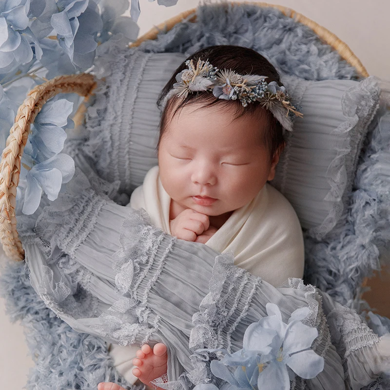 Baby fotografie rekwisieten elastische wrap kunstbloemen verstelbare hoofdband kanten hoed kussen pasgeboren foto prop studio accessoires