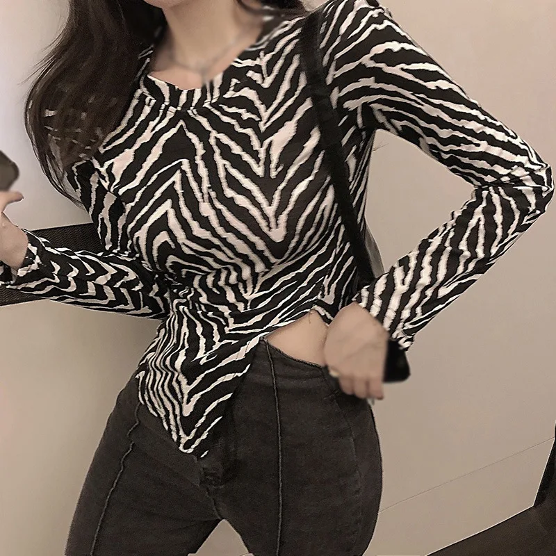 Women\'s Color Block Zebra Print Striped Long Sleeve Slim Fit Sexy Blouse