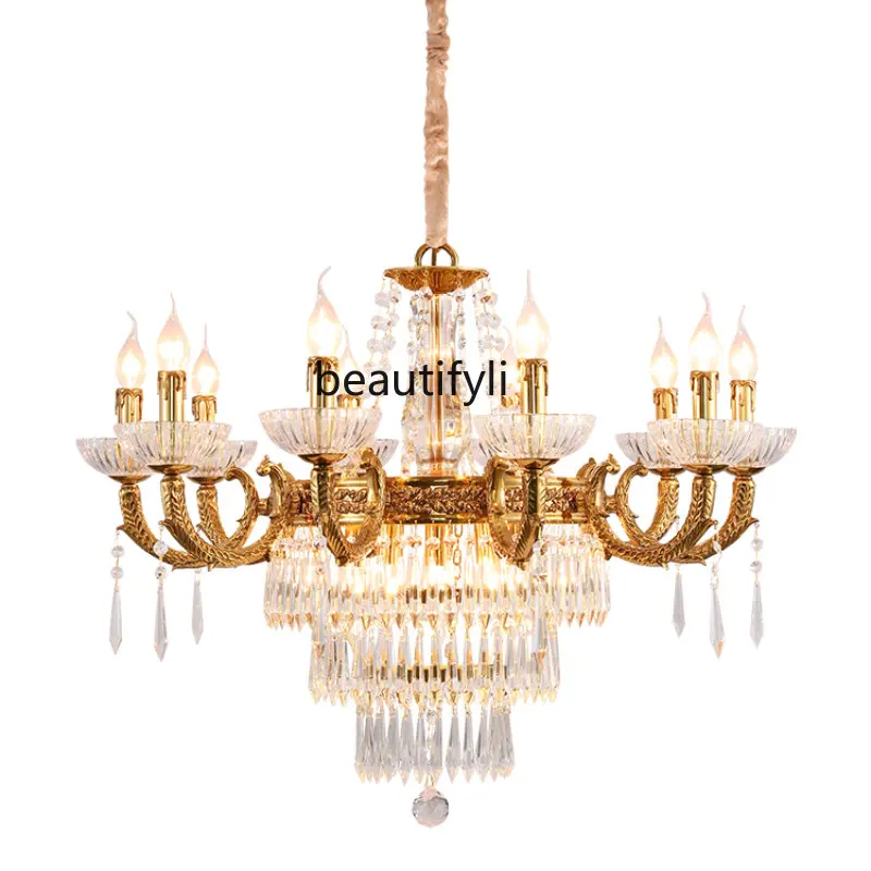 

zq French Style Copper Living Room Crystal Chandelier European Villa Dining-Room Lamp Duplex Building Hall Pure Copper Lamps