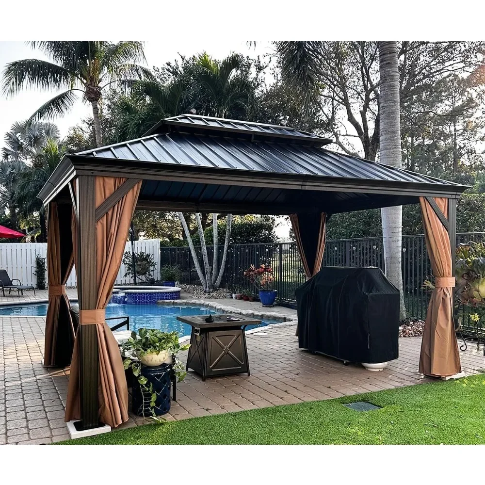 10' x 14' Hardtop Gazebo with Curtains and Netting for Hot Tub Heavy Duty Deck Beach Pool Backyard Outdoor Canopy Tent Sun Shade