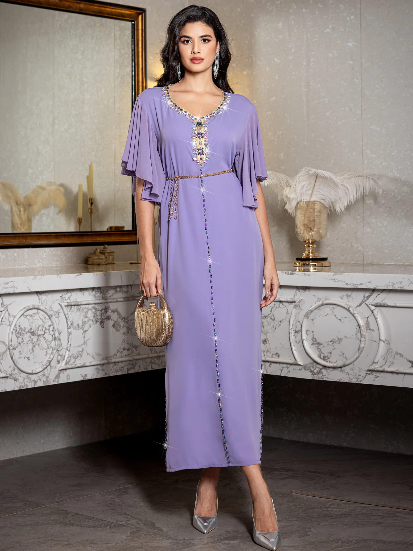 

Ramadan Moroccan Muslim Arab Luxury Fashion Dubai Lilac Purple Trumpet Sleeve Hand sewn Diamond Middle Eastern Women's Dress