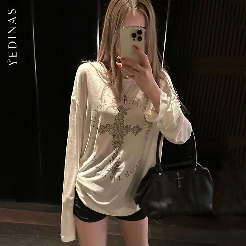 Yedinas Streetwear magliette grafiche allentate abbigliamento donna moda coreana 2000s vestiti Y2k stampa Tees maglietta a maniche lunghe femminile