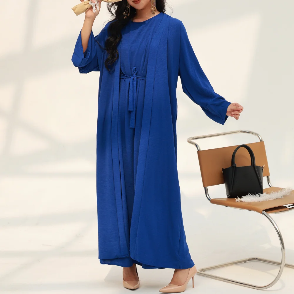 

Muslim Sets Two Pieces Women Open Front Abaya and Sleeveless Inner Dress Islamic Prayer Clothing with Belt Kaftan Muslim Jilbabs