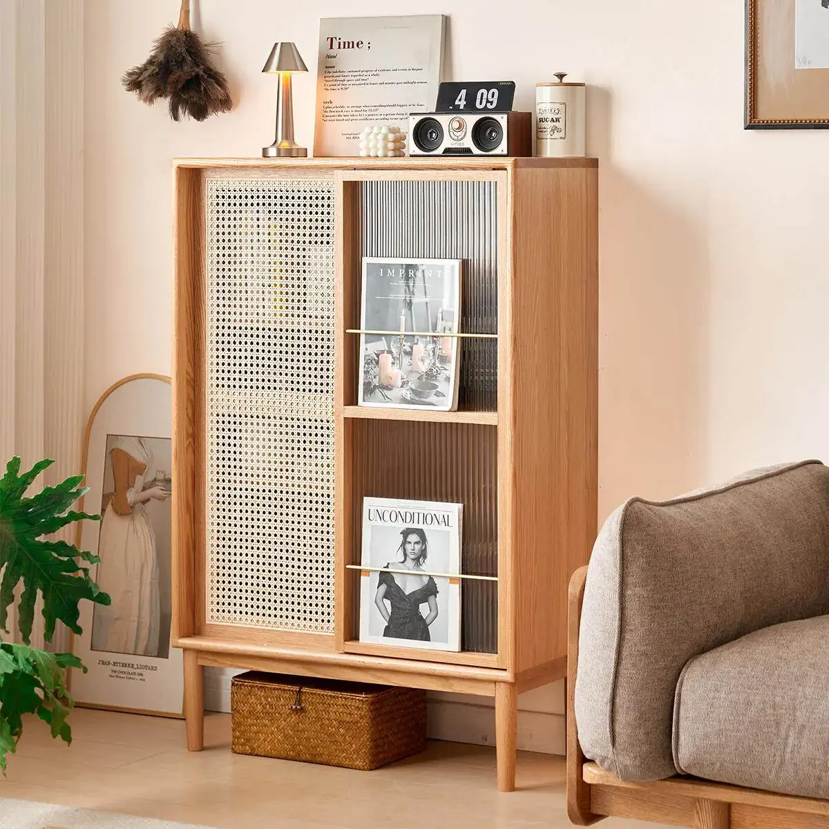 Solid wood side cabinet Rattan storage cabinet Living room glass door cabinet next to sofa