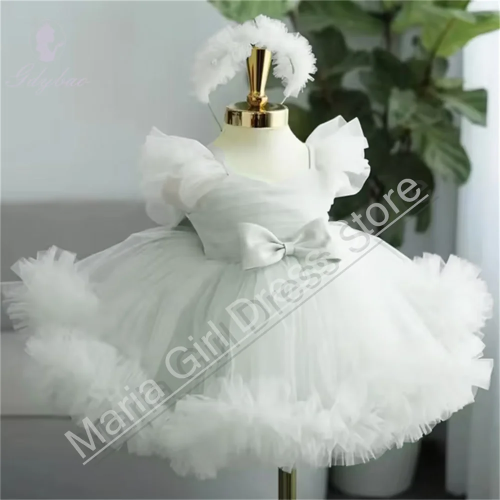 

White Dress For Girl Mesh Fluffy Bow First Communion Children's Birthday Party Celebration Performance Dress