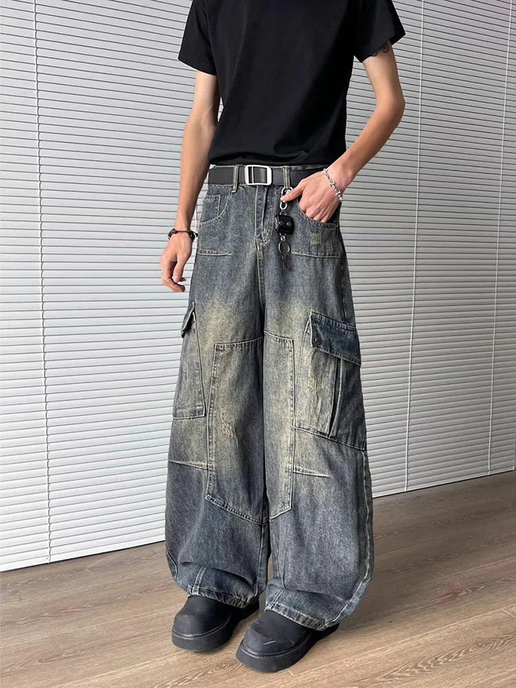 

Ретро-джинсы в американском стиле, плотные, с множеством карманов, мужские, модные, в стиле High Street, широкие, рабочие брюки, молодежные, популярные