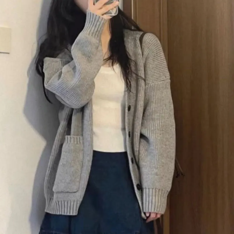 

Solid Button Pockets Cardigan Long Sleeve Knit Sweater Elegant Fashion Harajuku Female Clothes Loose Casual All Match Outerwear
