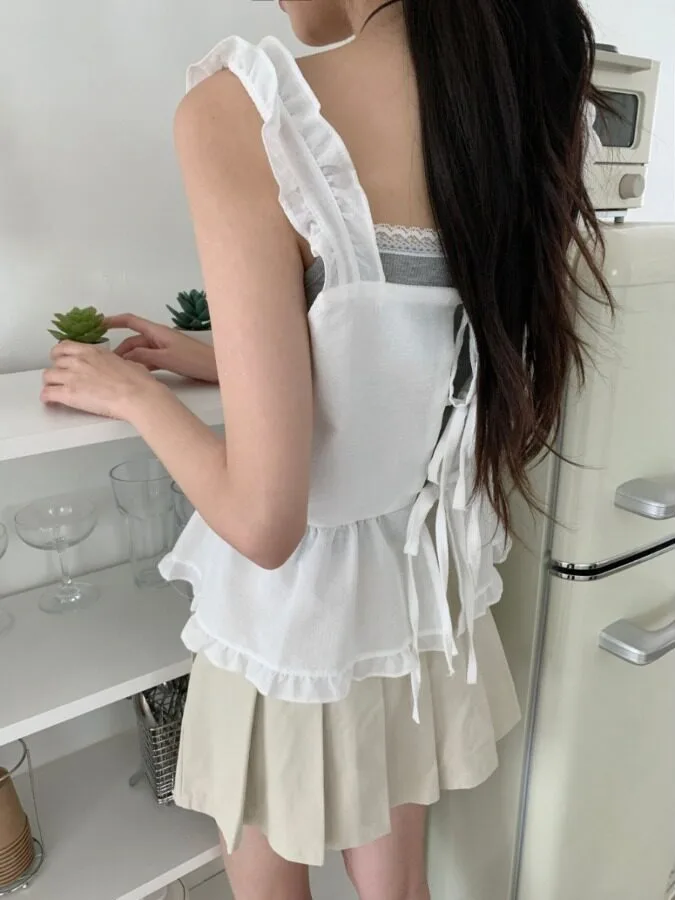 Korean Style Sweet Double-Sided Wear Design Back Strap  Knot Wood Grain  Layered Vest Spring Autumn Winter Women...