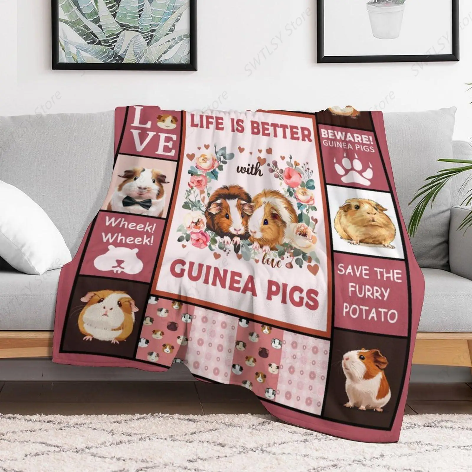 Guinea Pig Blanket Cute Pink Animal Print Throw Blankets for Couch Sofa Bed Stuff Decor Lightweight Soft Cozy Fleece Plush