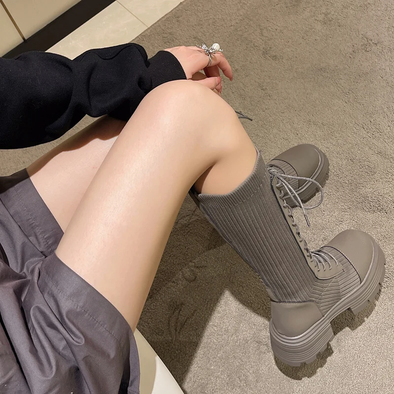 Rimocy 2023 Autumn Winter New Chunky Platform Long Boots Women Thick-soled Stretch Knitted Knee High Boots Woman Botas De Mujer