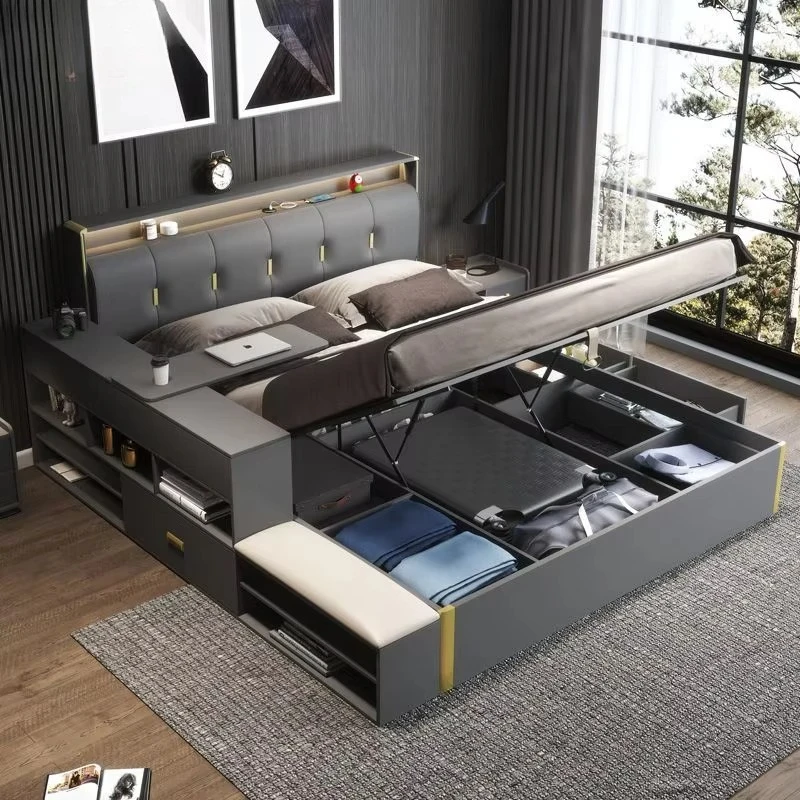 Muebles para el Hogar a Precio Económico, Diseño Simple, Cama Tapizada Moderna Gris para Adultos, Tamaño King, con Luz Nocturna para Dormitorio