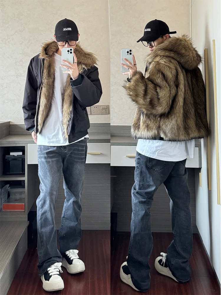 

American Sle Hooded Cotton Jaet Men's Winter Double-Sided Wear High-End Sensation Mountain Eagle Inteated Leather And F...