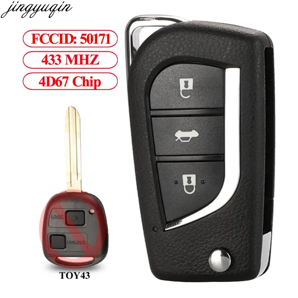 

Jingyuqin Modified Flip Remote Car Key 433MHZ 4D67 For Toyota Prado 120 RAV4 Kluger FCC ID: 50171 TOY43 2/3 Buttons Key Fob