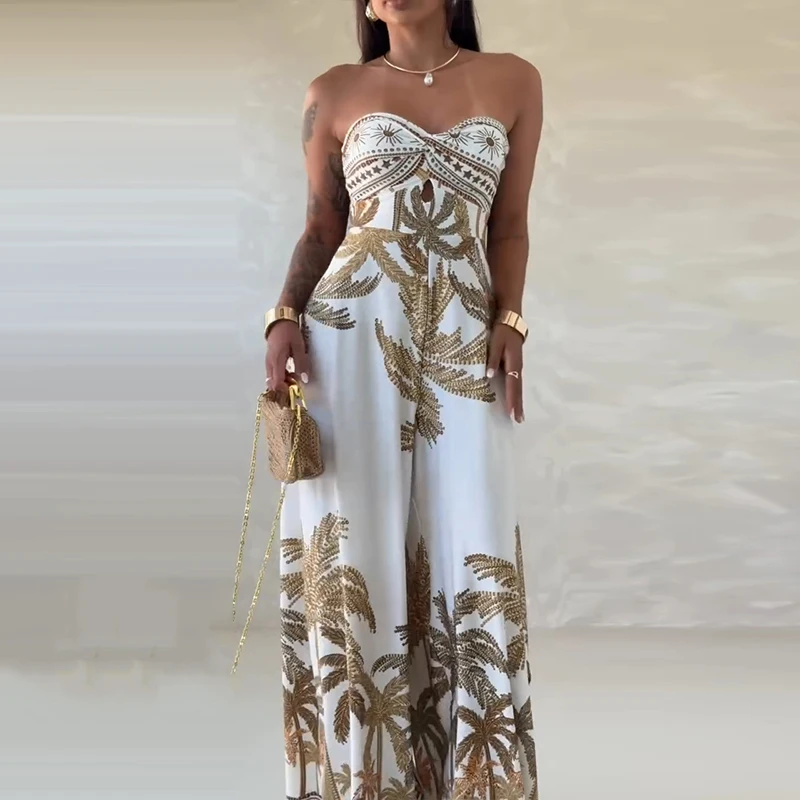 Summer Hollow Off Shoulder Overalls Spring Pattern Print Wide Leg Pants Jumpsuits Sexy Strapless Backless Lace-up Women's Romper
