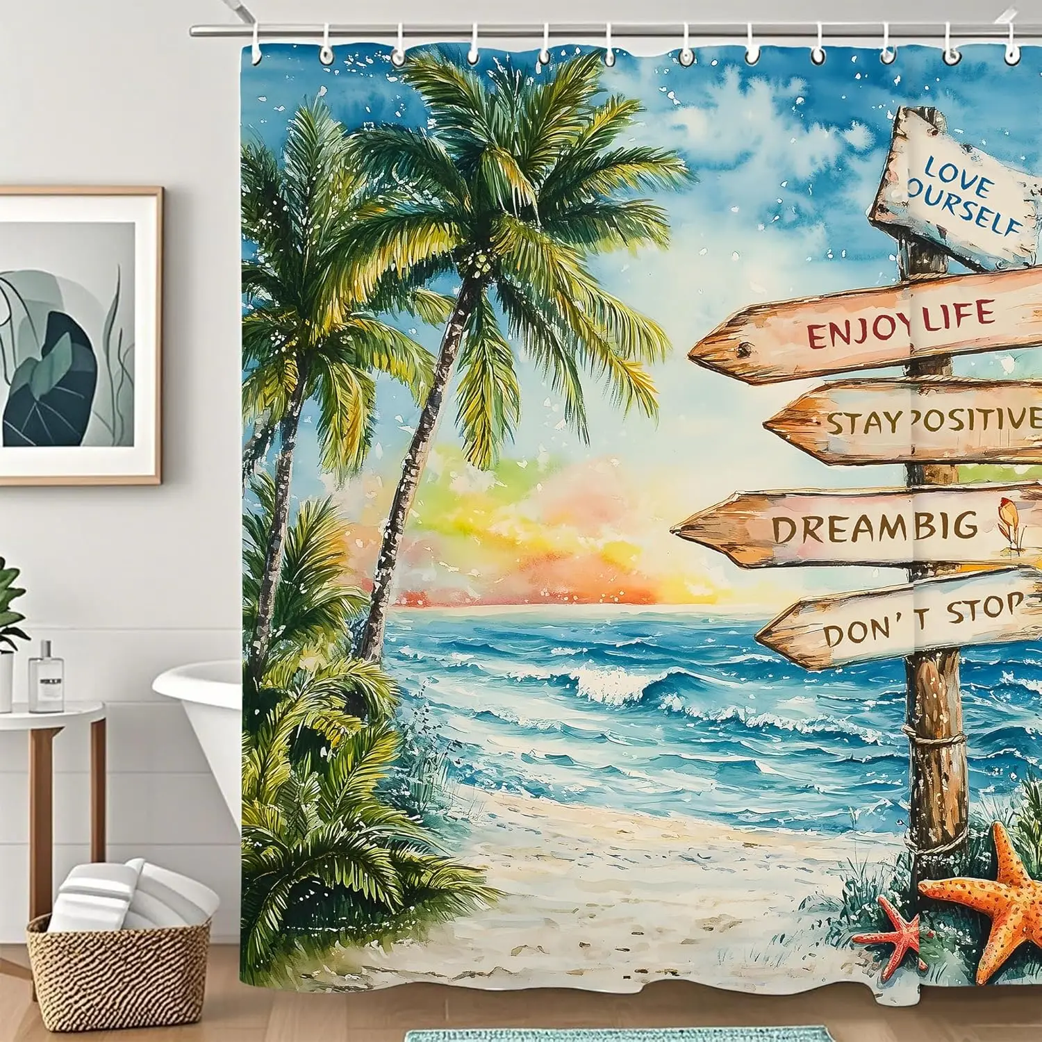 

Занавеска для душа с тропическими пляжными пальмами и цитатами океана, моющаяся тканевая занавеска, занавеска для душа в деревенском стиле для ванной комнаты