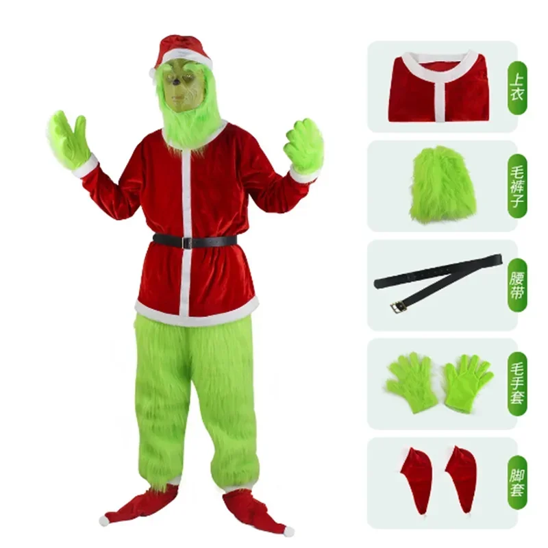 1Set Hot Halloween Cosplay Costumes COS Grinch Green Hair Monster Clothes Mask Christmas Grinch Play Costume Thief Grinch Doll