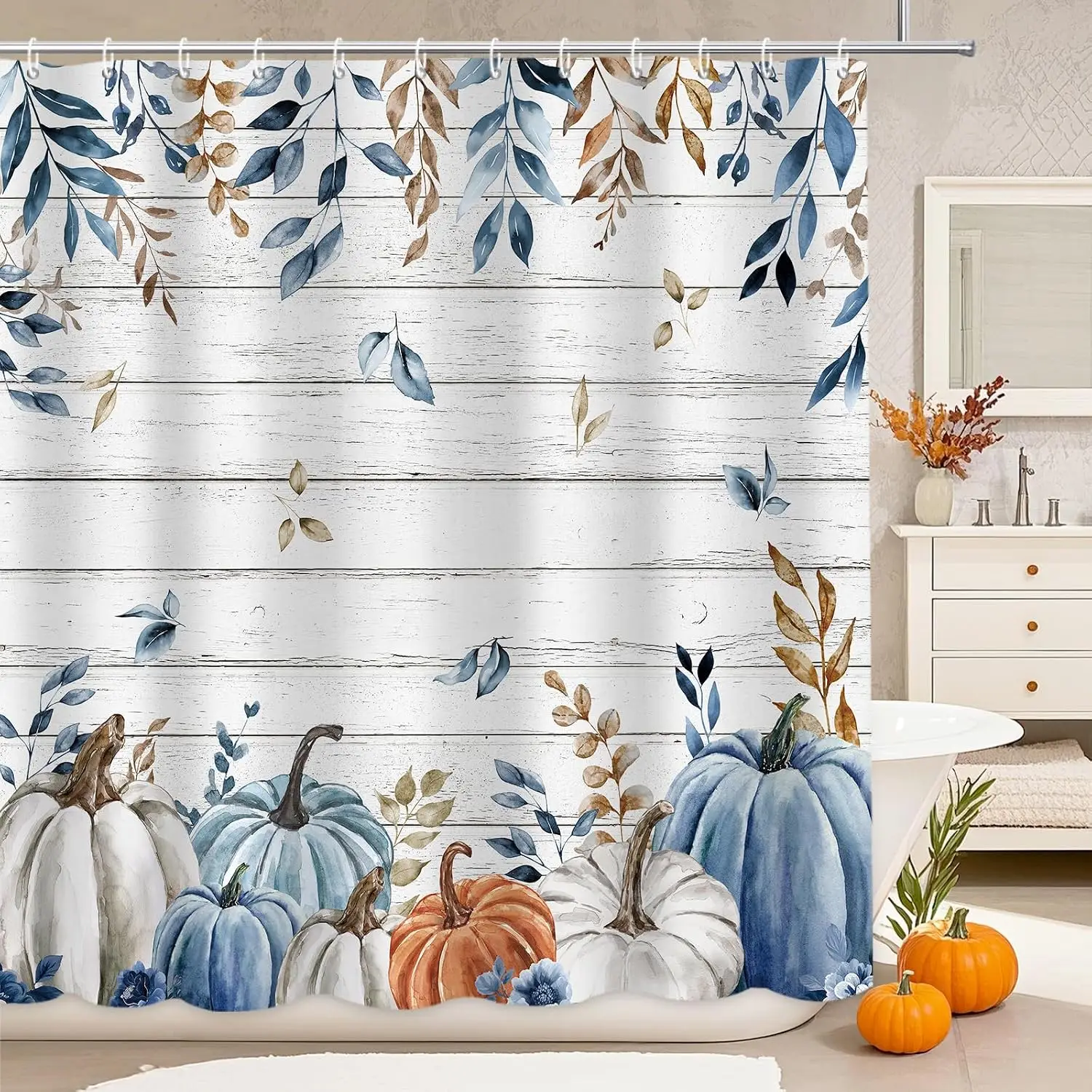 New in 2026 MEHOFOND Fall Pumpkin Shower Curtain,Autumn Watercolor Blue White Pumpkin Shower Curtain,Farmhouse Eucalyptus Leaves Rustic Wood Bathroom Decor,Thanksgiving Holiday Curtains Set with Hooks,72x72 in