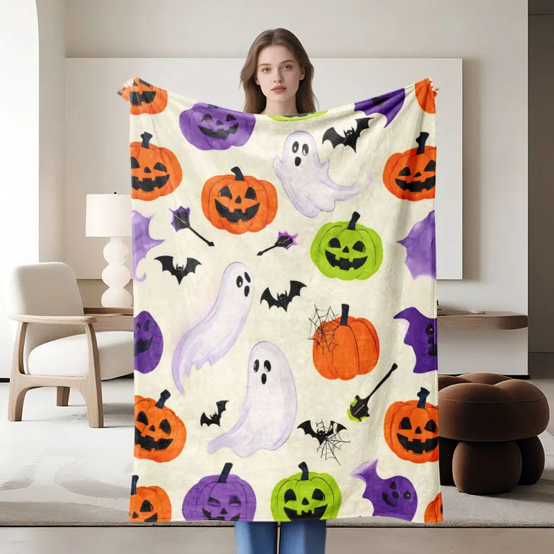 قطعة واحدة من بطانية الفانيلا متعددة الألوان بطابع الهالوين، ناعمة، مناسبة للأريكة والسرير والمكتب والاستخدام لجميع المواسم.