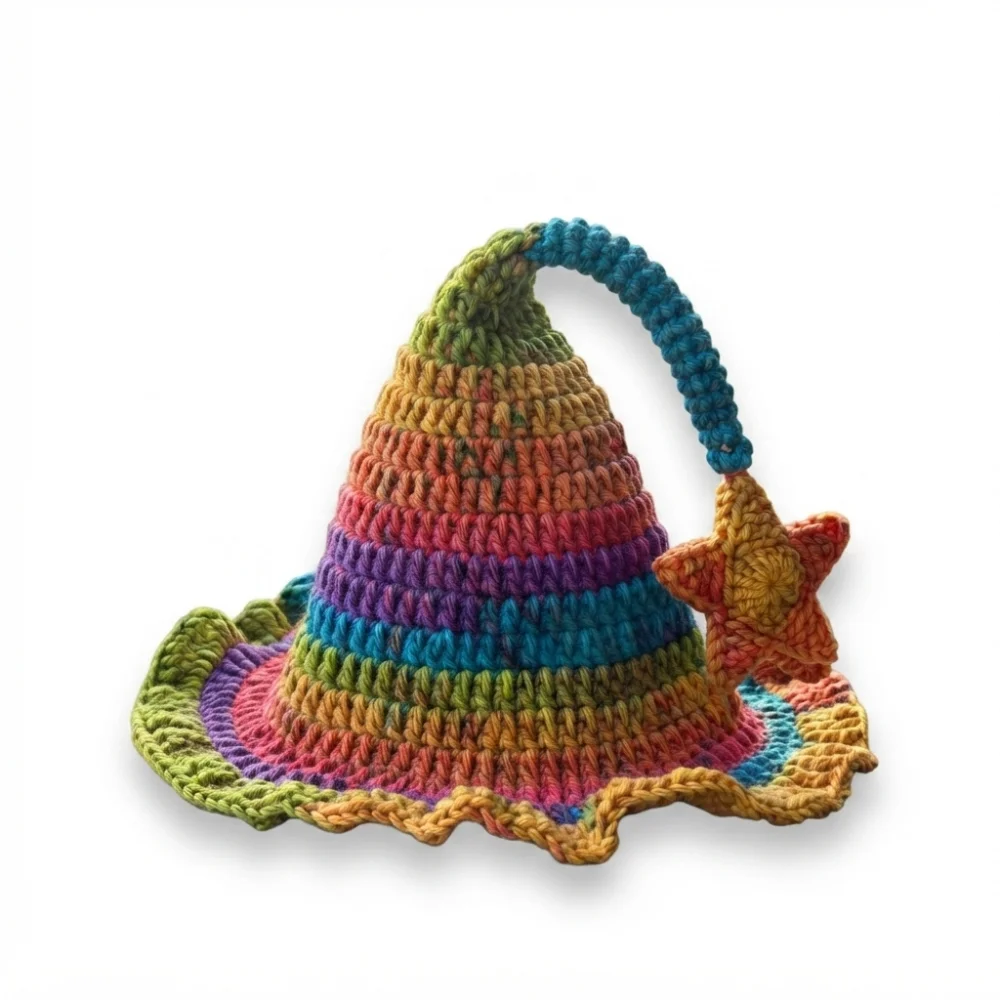 Cute Hand-Crocheted Knitted Elf Hat Star Design Colorful Wizard Hat Warm Bucket Hat for Adult and Children