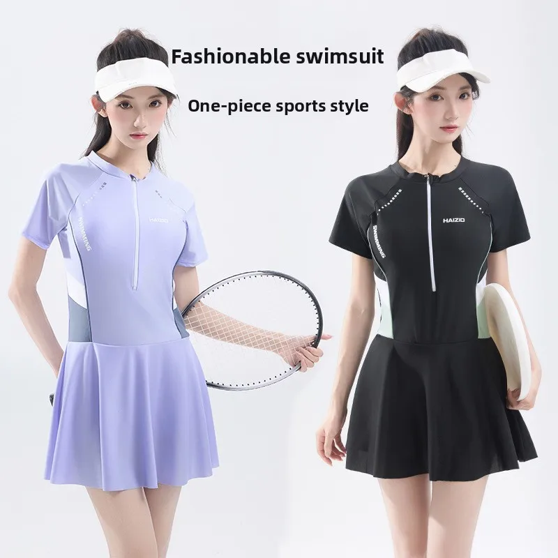 

Swimsuit Women's One-piece Sports Hot Spring Swimsuit Simple and Conservative Slim Fit Dress Style Vacation Swimsuit