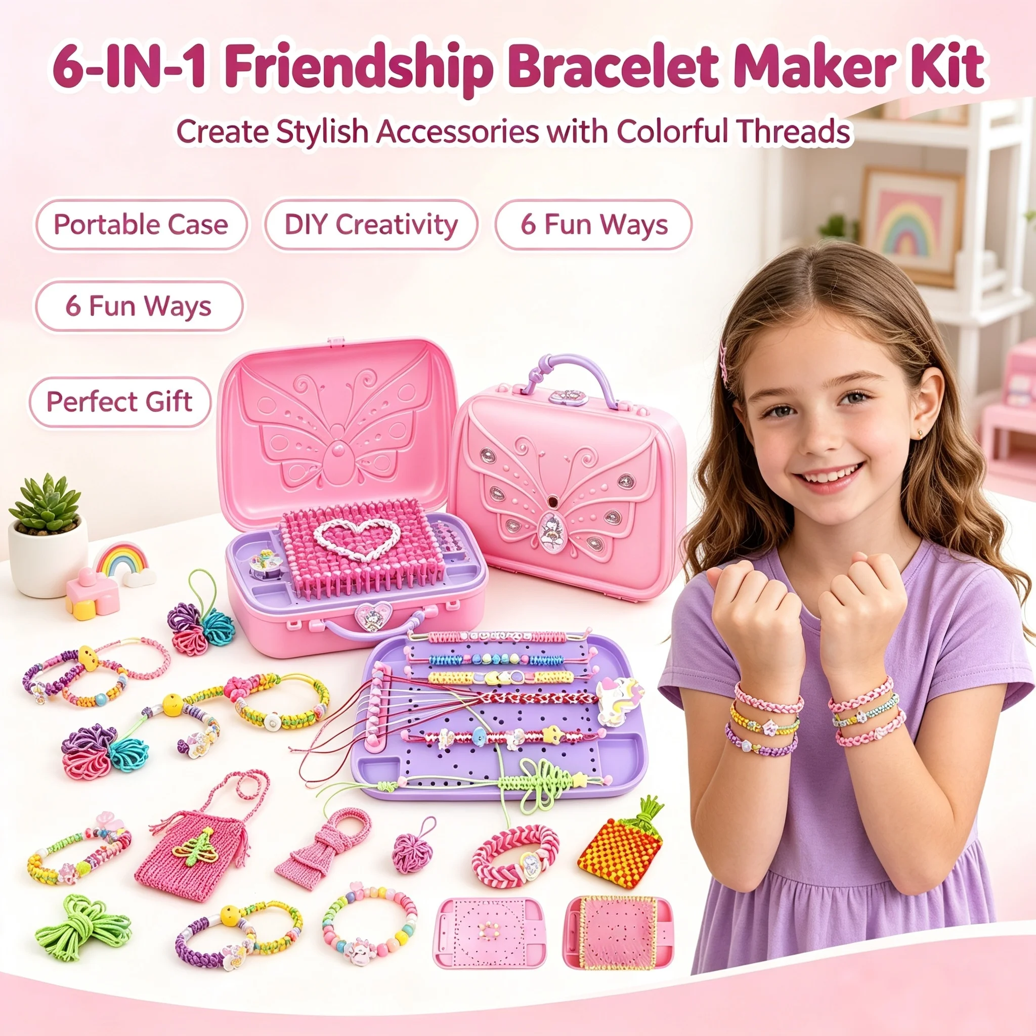 Children's Handmade Bracelet Making Kit with Complete Materials, DIY Creative Toys for Girls, 6 Types of Weaving Styles, Portable Storage Box, Holiday Birthday Gift for Girls Aged 6 and Above