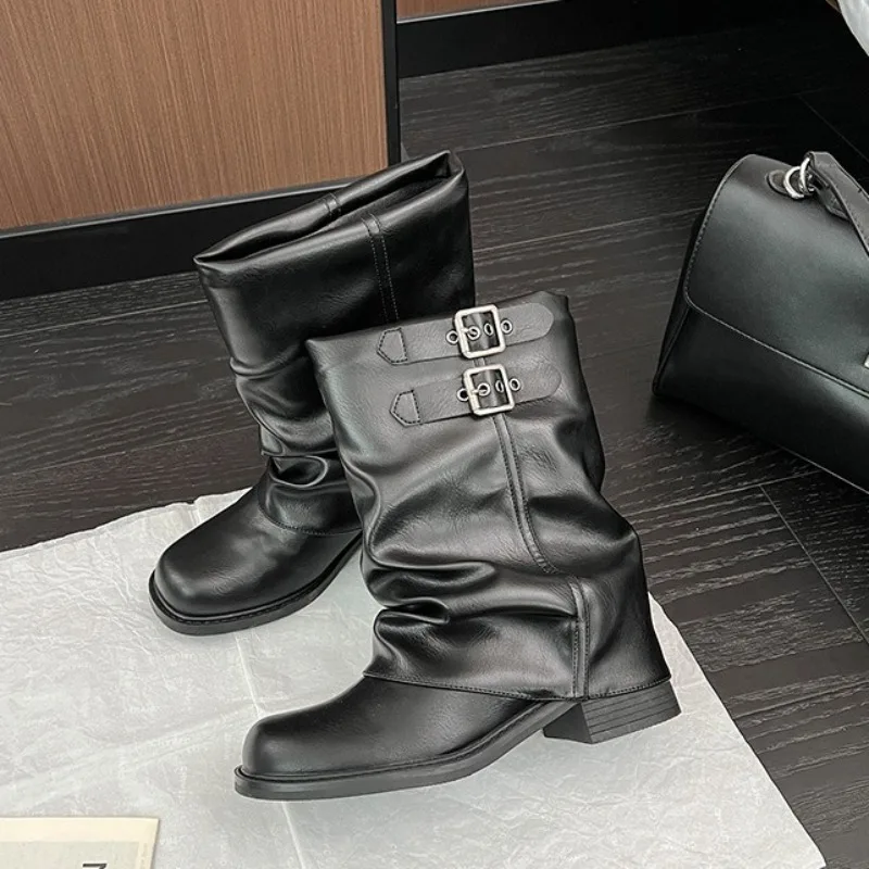 

New Retro Women Shoes Exquisite Soft Leather Slouchy Boots for Woman Fashion Platform Motorcycle Boot Designer Shoes Botas Mujer