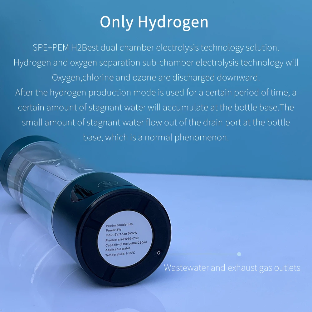 BlueVida New 8th Generation Nano Hydrogen Water Generator Bottle DuPont SPE/PEM Water Hydrogenator con H2 inalatore-pulsante a sfioramento