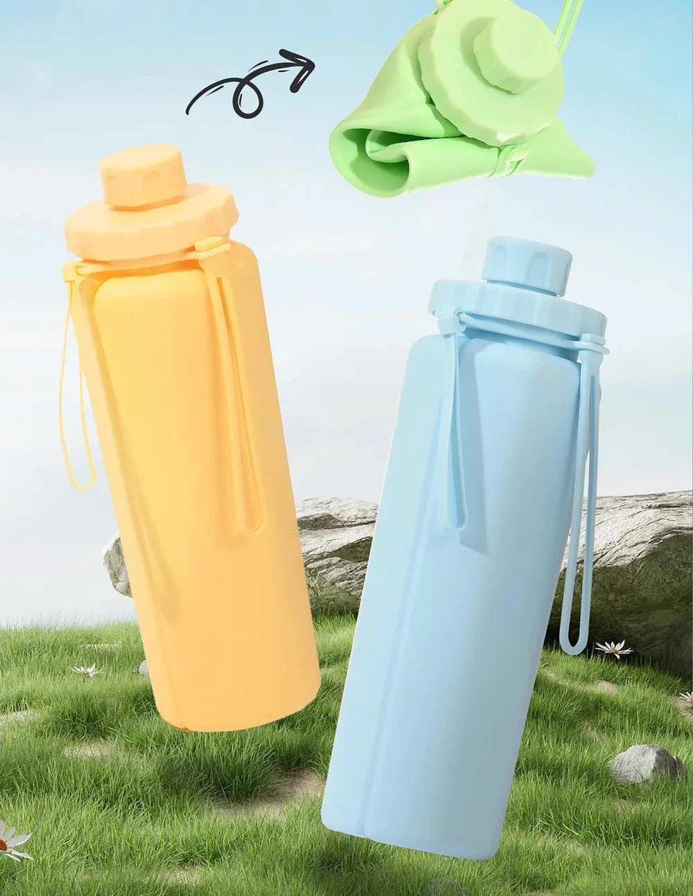 Collapsible Water Bottle Leak Proof Bpa-free Foldable Silicone Travel Water Bottle With Straw Strap For Cycling Hiking, Outdoor