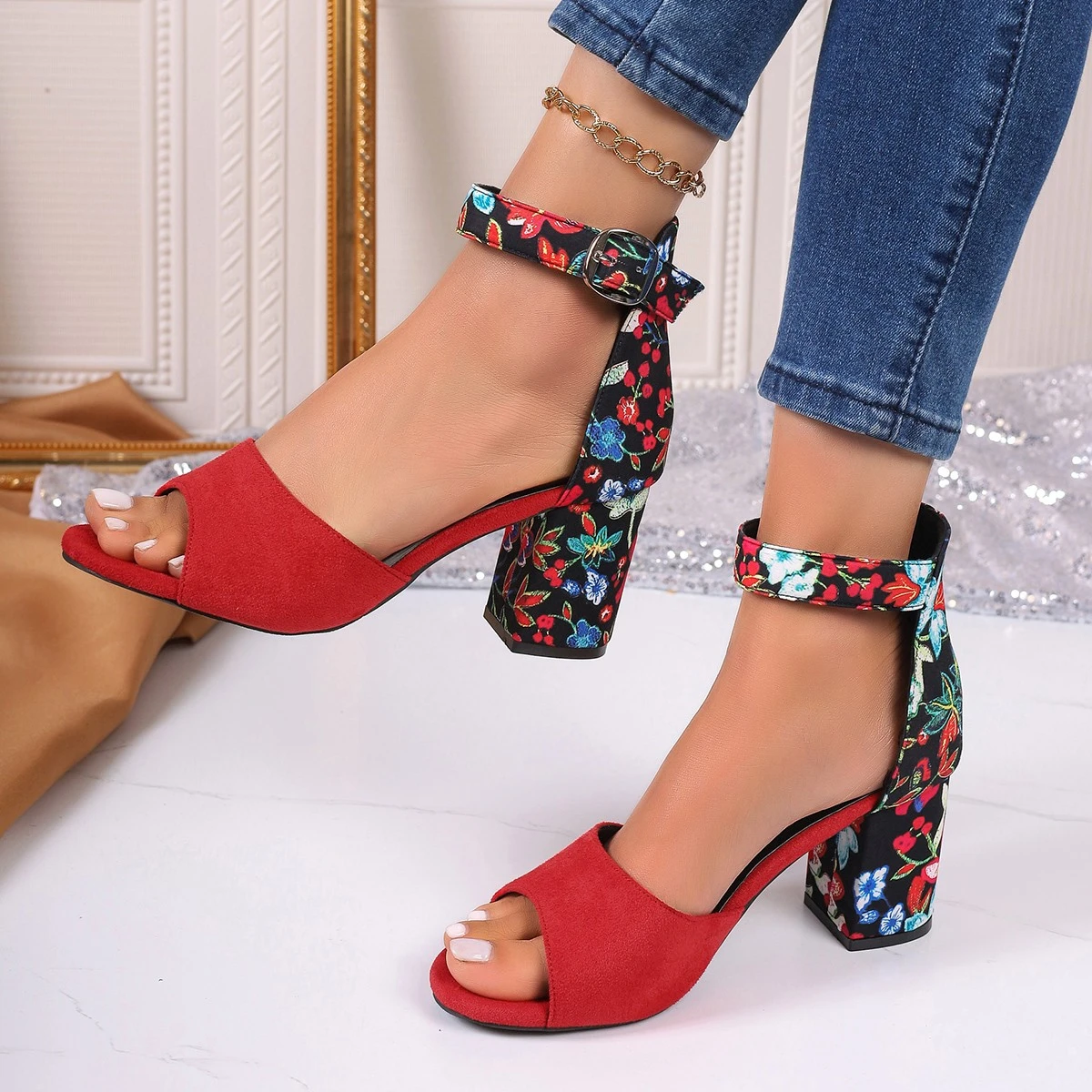 Women\'s Sandals Summer New High Heel Open Toe Embroider Chunky Heels Buckle Sandals Fashion Simple Women Sandals Q230