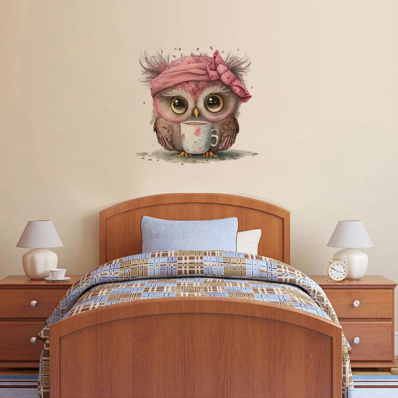 T770#Owl In Pink  Wall Sticker Kids Room Background Home Decoration Mural Living Room Wallpaper Funny Decal