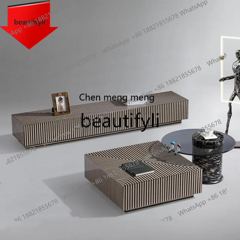 cn8617 ss Italian Minimalist Modern Living Room Home Creative Small Apartment Zebra Pattern Square Coffee Table TV Cabinet Set