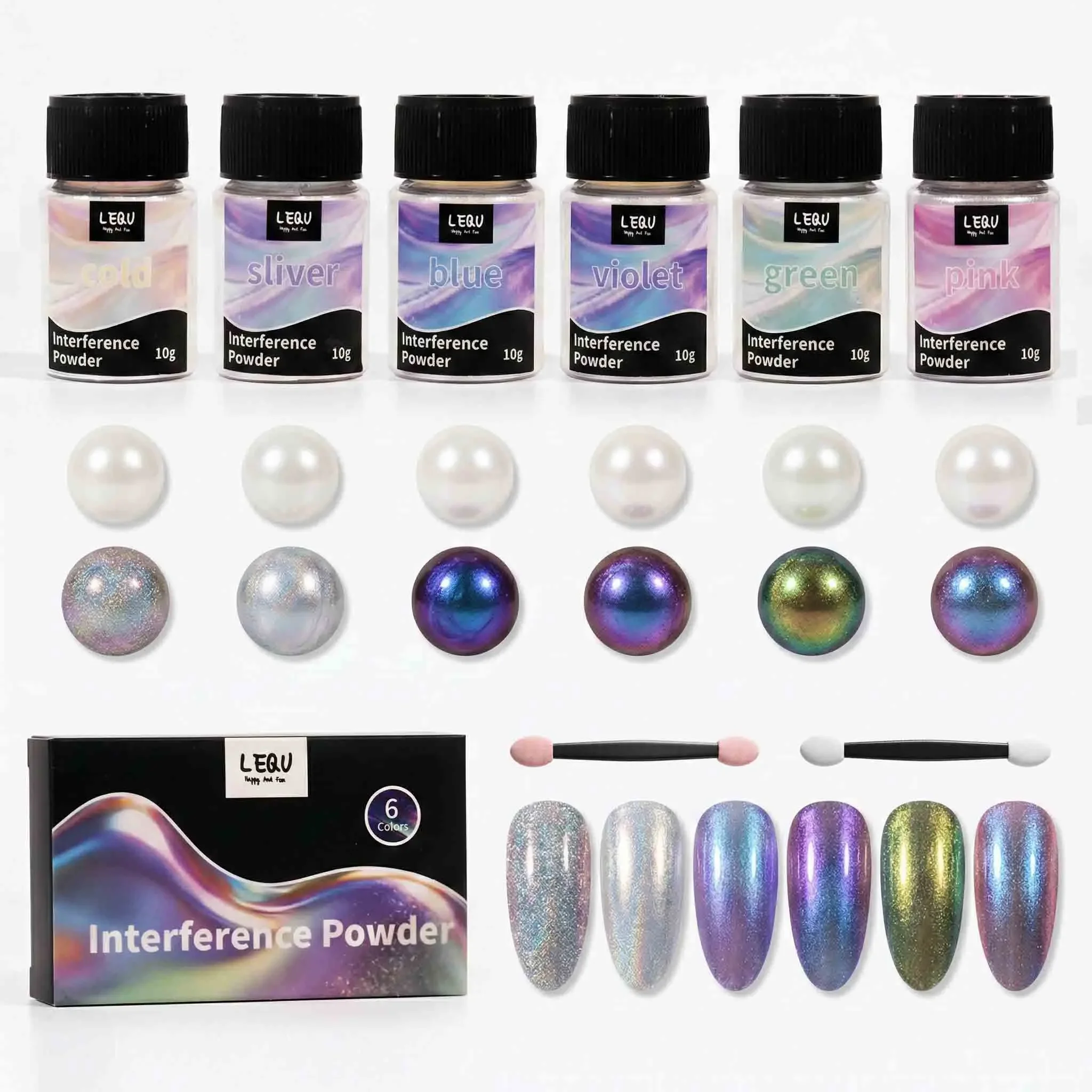 6 Colors Interference Mica Powder Set Chameleon Pearl Pigment for Nail Art Epoxy Resin DIY Craft Shimmer Powder with Applicator