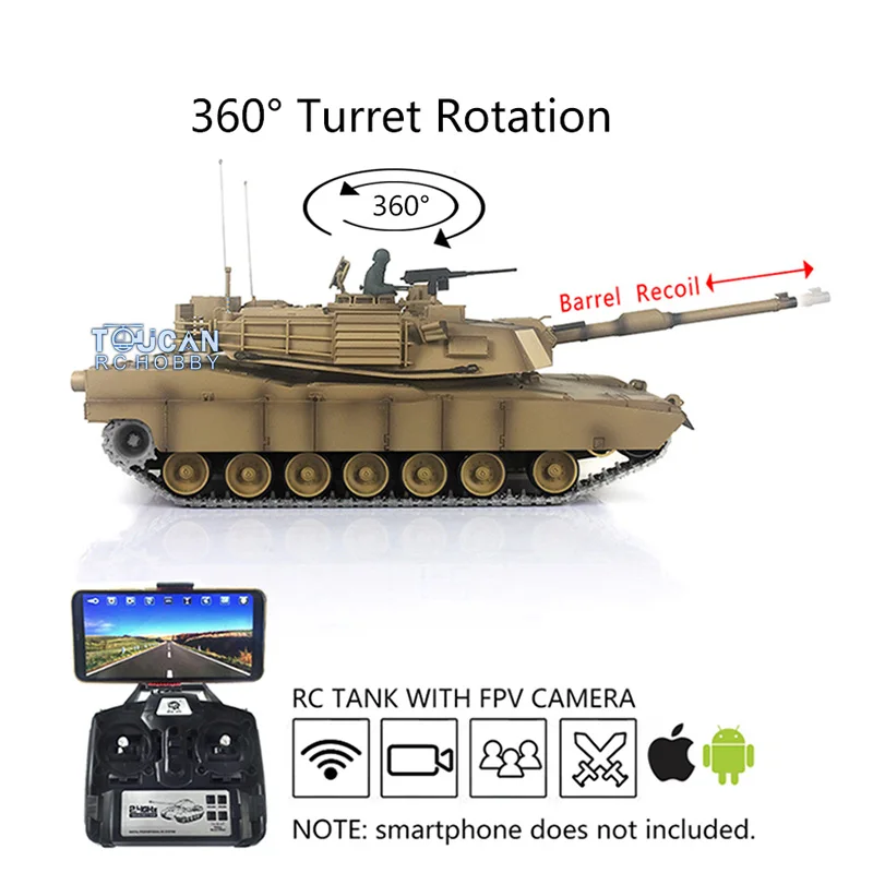 Heng Long Controle Remoto Modelo do Veículo, Atualizado Barril Recoil, M1A2 Abrams, RTR, FPV 3918, 360 °, 1:16, 7.0 RC, TH17802-SMT2