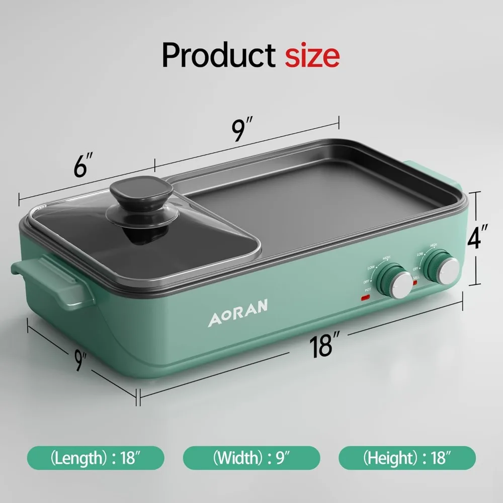 グリル付き電気鍋、韓国バーベキュー、しゃぶしゃぶ、麺類用の2-in-1屋内ノンスティックポット、デュアル温度制御、クイック