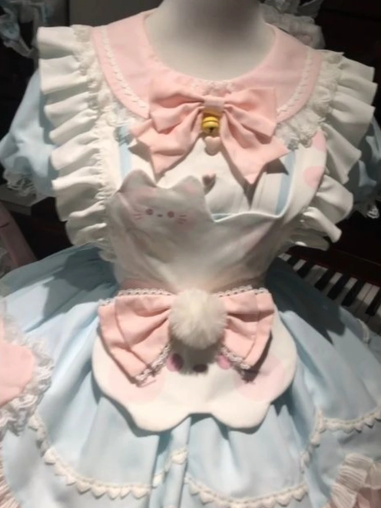 2025 ฤดูร้อนน่ารักLolitaลูกไม้แมวชุดผู้หญิงBow Suspenderผ้ากันเปื้อนPatchworkชุดเจ้าหญิงหวานญี่ปุ่นใหม่ 2 ชิ้นชุด