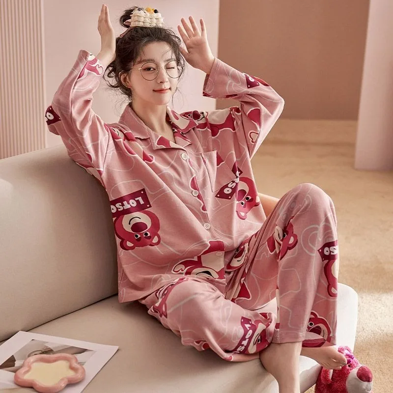 Disney Toy Story Lotso Pajamas for Women Spring and Autumn Sweet and Cute Long Sleeve Pants Suit Home Clothing Gift Wholesale