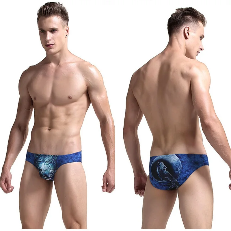 Ropa interior Sexy con estampado de lobo en 3D para hombre, calzoncillos transpirables, bragas elásticas juguetones de cintura baja