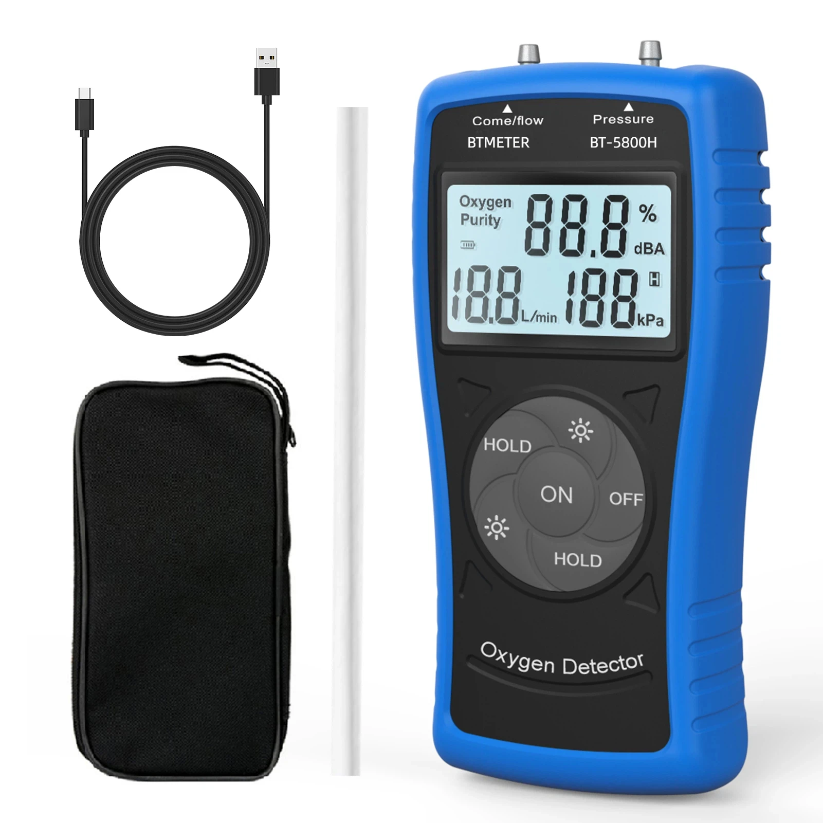 

Handheld ultrasonic oxygen detector for measuring the oxygen concentration, flow, and outlet pressure of PSA oxygen generators