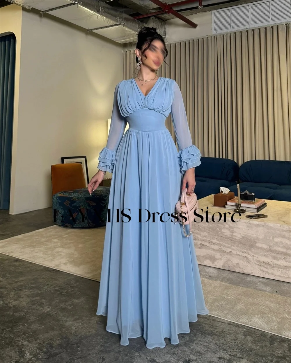 LAYXHS Simples Com Decote Em V Vestidos de Noite Azul A Linha Mangas Compridas Em Camadas Plissado Vestidos de Baile Personalizados فساتmavera